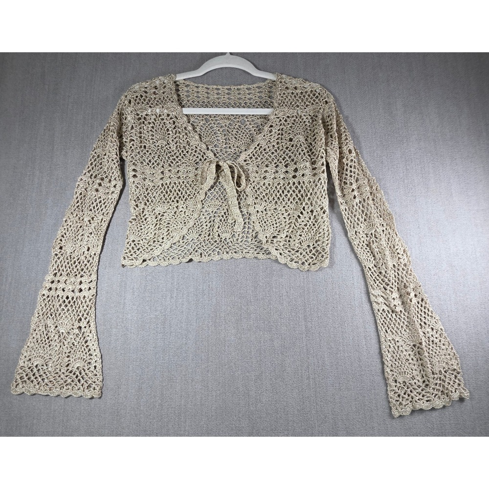 Unbranded Crochet Shrug Women One Size Gold Metallic Tie Front Bell Sleeve Boho